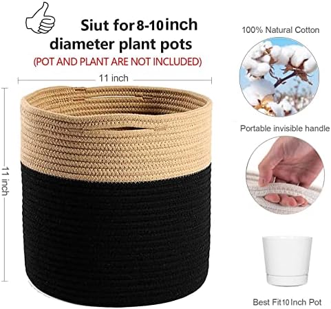 Woven Cotton Rope Plant Basket for 10-11" Pot Organizer Black&Brown