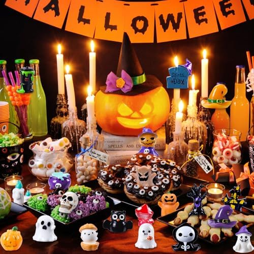 DIYDEC 32pcs Halloween Mini Resin Figures 32 Styles Tiny Resin Animals Little Small Figures to Hide Pumpkin Ghost Skull Miniatures Bulk for Halloween Party Favors Bag Fillers Garden Dollhouse Decor