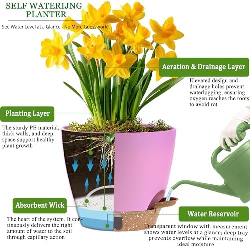 Self Watering Pots for Inoor Ourdoor Plants 10/9/8/7/6.5 Inch, 5 Pack
