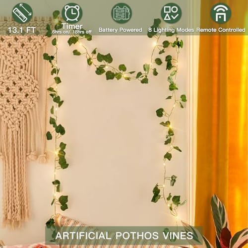 suddus 13.1FT 40LED Pothos Vine with Lights Battery Operated Copper Wire