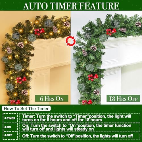 9 Foot by 10 Inch Christmas Garland - 50 LED Lights, Battery Operated Lighted Garland Wreath with Pine Cones Red Berries Lush Branches, Prelit Garland Xmas Decoration Indoor Outdoor Home Holiday