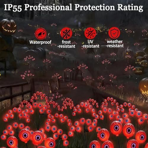 JUSTUP 2PCS Halloween Red Eyeball Solar Lights, IP55 Waterproof Outdoor Lawn Lighting with 10-LED LED Chips, Spooky Ambience Garden Decor for Gardens Lawns & Halloween Parties