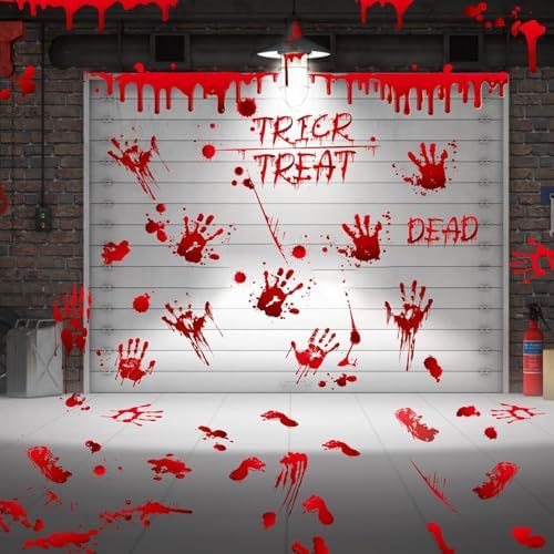 136Pcs Halloween Decorations Indoor, Scary Bloody Handprints Wall Decals Pumpkin Eyeballs Skull Window Stickers with Tattoos for Home Bedroom Floor Bathroom Door Decor (Red Handprints Footprints)