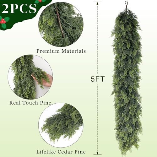 2Pcs 5FT Lifelike Touch Artificial Cedar Garland for Christmas Home Decor