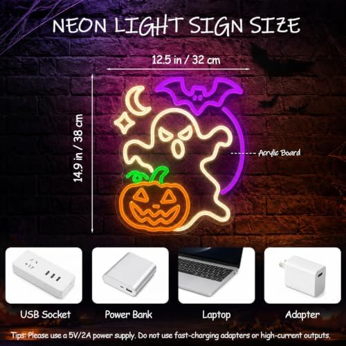 Ghost Halloween Neon Sign, Dimmable Pumpkin & Bat Neon Signs for Wall Decor