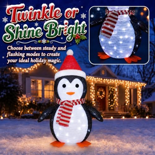 Lighted Christmas Penguin Decor, 45 LEDs, 2 Light Modes, 2 Scarves