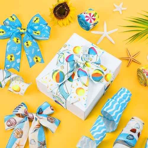 6 Rolls 30 Yards Summer Beach Wired Edge Ribbon Blue Yellow Burlap Stripes Ribbons Summer Beach Party Decorative for Bow Sewing Wreath Summer DIY Crafts Gift Wrapping Home Decor