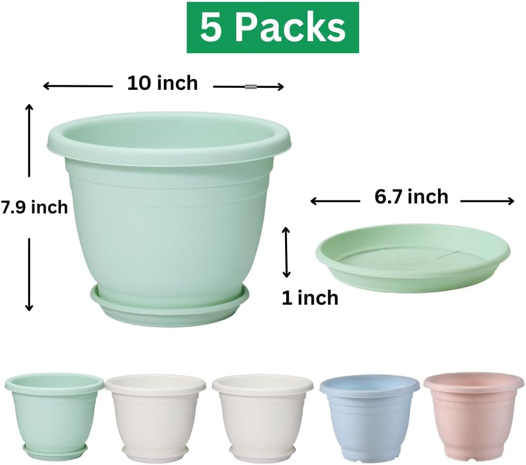 5 Packs 10 inch Flower Pots + Saucers, Large Indoor & Outdoor Pot | Large Flower Pot With Drainage Holes, Planters for