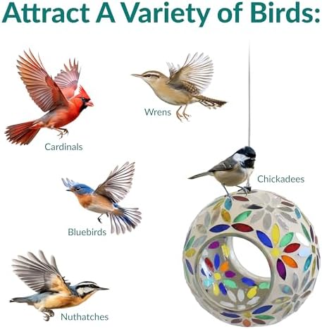 Sunnydaze Mosaic Glass Bird Feeder for Outdoors, Rainbow Daisies