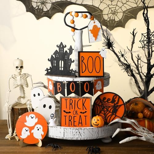 Umigy 15 Pcs Halloween Tiered Tray Decor Orange Ghost Wooden Signs Boo