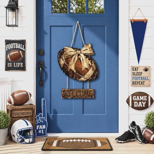 Fall Football Wreath for Front Door, Wooden Welcome Door Sign with Bow