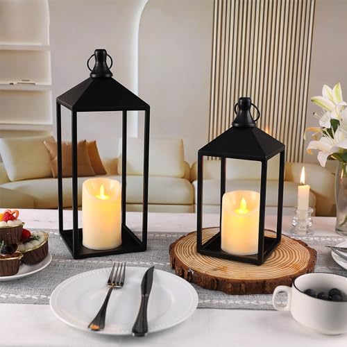 2 Pcs Black Decorative Metal Lanterns Farmhouse Lantern Decor with Candles