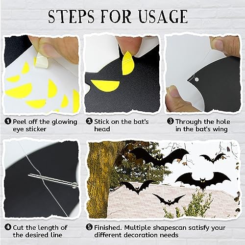 12pcs Halloween Hanging Bats Decorations - Outdoor Bats with Glowing Eyes for Trees, Yards & Porches