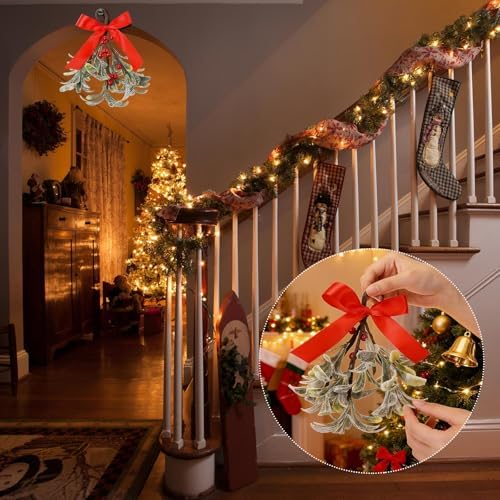 XunYee 12 Pcs Christmas Mistletoe Hanging Picks with Bow, Red Berries