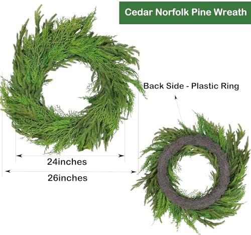 24" Large Cedar Norfolk Pine Wreath for Front Door, Faux Christmas Wreath
