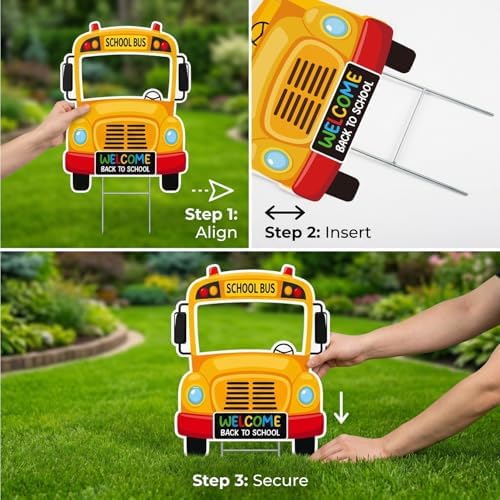 Rngmsi Back to School Yard Sign, 7PCS Back to School Garden Yard Signs Decorations with Stake, School Bus Shaped First Day of Classroom Decor for Lawn Garden Outdoor Supplies