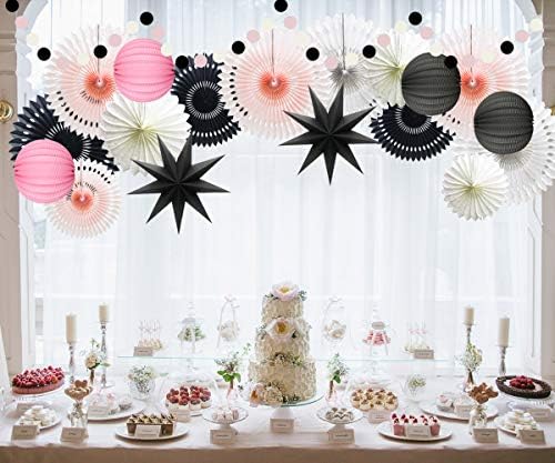 10-Piece Pink and Black Party Decorations, White Paper Fans