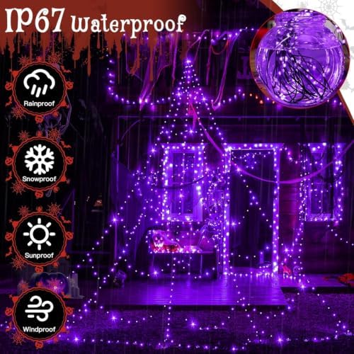 Ollny Halloween Lights Outdoor 266 LEDs Spider Web Lights Purple 9.8FT Tall