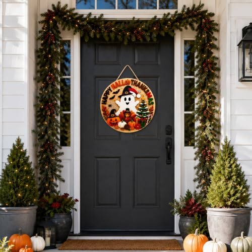 Halloween Decorations - Happy Hallothanksmas Wooden Sign for Front Door