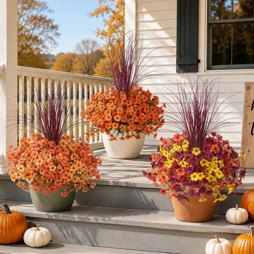 Ivydale Artificial Mums Flowers for Outdoors 12 Pcs + Burgundy Grass
