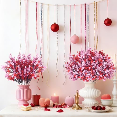 Uieke 30 Pcs Valentine’s Day Artificial Baby’s Breath Flowers, Red Pink Faux Gypsophila Bouquets Real Touch Silk Fake Flowers for Romantic Wedding, Anniversary, Party, Home Table Centerpiece Décor
