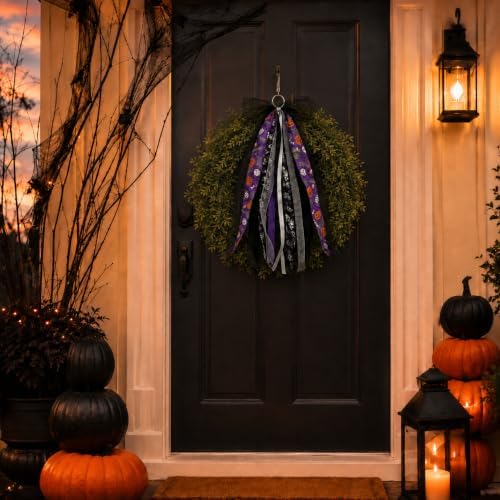Halloween Wreath Sash Front Door Ribbon Bow Purple Streamer Decor