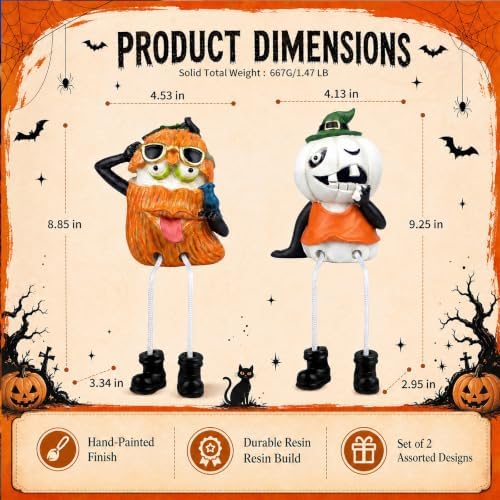 XJar Set of 2 Shelf Sitter Figurine, Halloween Pumpkins with Dangling Legs