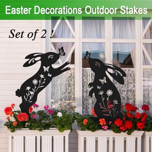 Metal Bunny Garden Decor,2 Pack Rabbit Silhouette Yard Art Outdoor,Rabbit Garden Stakes Decorations for Yard,Lawn,Patio,Easter Gifts for Women