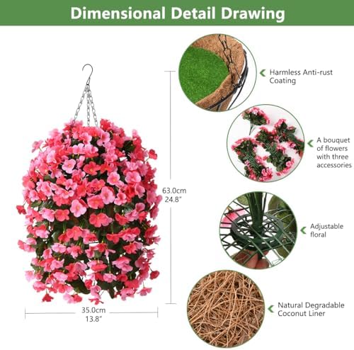 INQCMY Fake Flowers with Hanging Basket Realistic Artificial Begonias