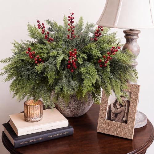 24 Artificial Christmas Cedar Branches, 17.5", with 6 Red Berry Picks