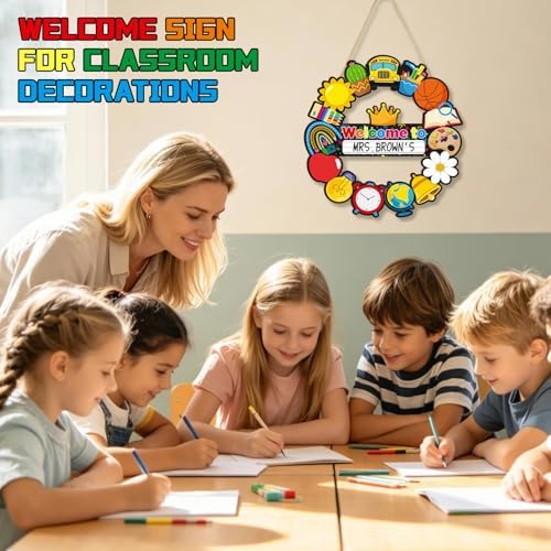 Welcome Sign for Classroom Door Decor Personalized Teacher Door Sign Name Wreath Welcome to Our Classroom Hanging Sign Back to School Hollow Hanger for Front Door School Teacher Supplies