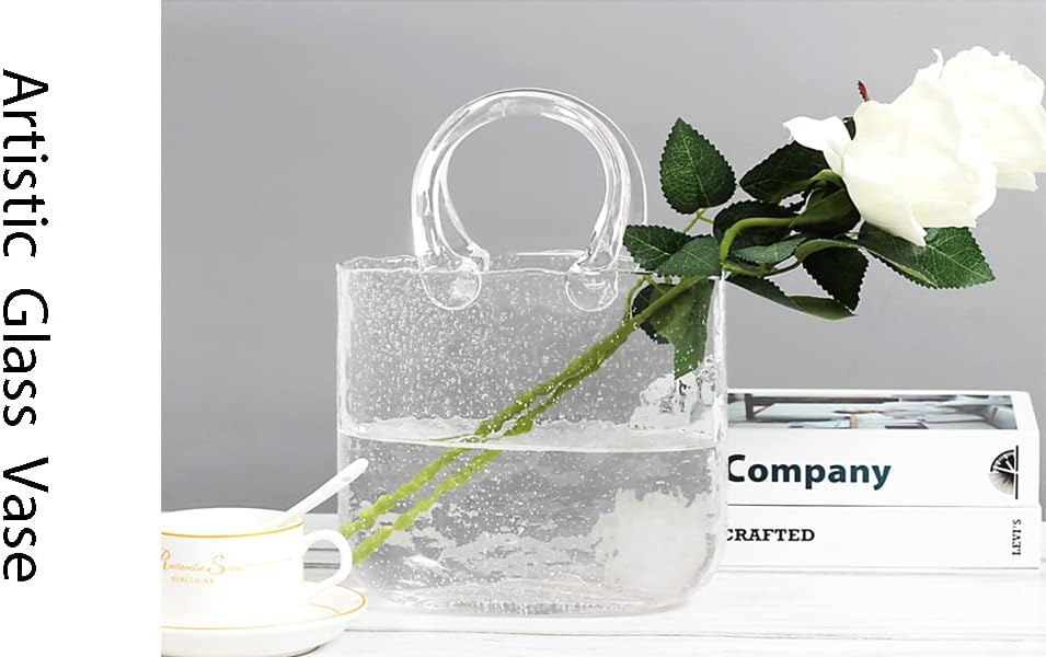 Purse Vase for Flowers, Fish Bowl with Bubble, Handbag Shape Clear Glass Vase, 10.6 inch Plant Vase for Christmas, Birthday Gift, Table Decor- Transparent