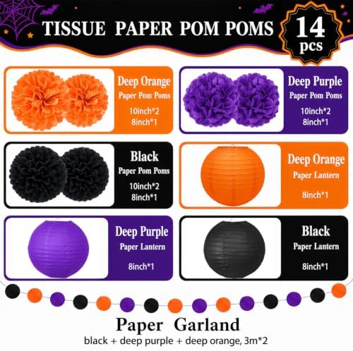 14 Pcs Halloween Party Decorations, Black Purple Orange Pom Poms, Lanterns