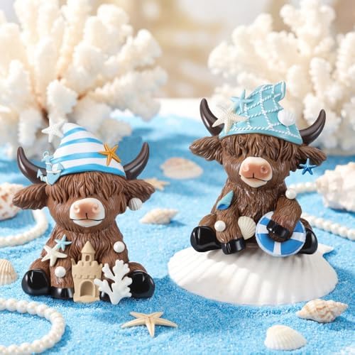 Karenhi 2 Pcs Beach Highland Cow Figurines, Ocean Resin Statues