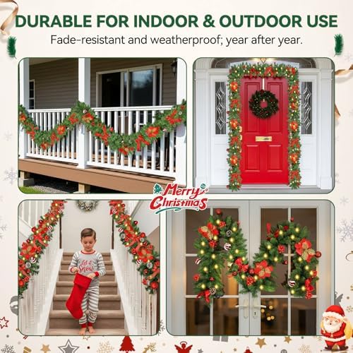 Christmas Garland with Lights 9FT Timer Prelit Garland Battery Operated Outdoor Indoor Christmas Decorations 30 LEDs Lighted Garland for Stairs Railing Fireplace Mantle Front Door Home Holiday Decor
