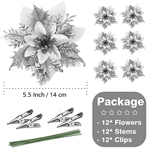 FurRain Christmas Poinsettia Artificial Flowers Decorations 5.5" Christmas Tree Wreaths Garland Decoration 12 Pcs Glitter Flowers Picks Decor for Xmas New Year Wedding Party Ornaments (Silver)