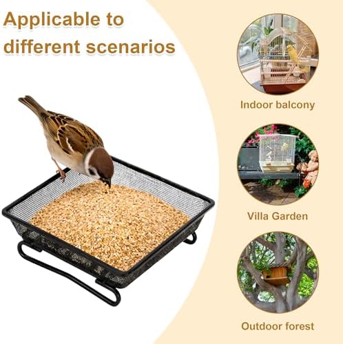Set of 2 Metal Platform Bird Feeder Tray with 4 Fixed Elastic Rope for Outdoor,7 inch Deck Railing Bird Feeder Tray for Balcony, Backyard,Rust Resistant Design for Wild Birds or Squirrels, Square