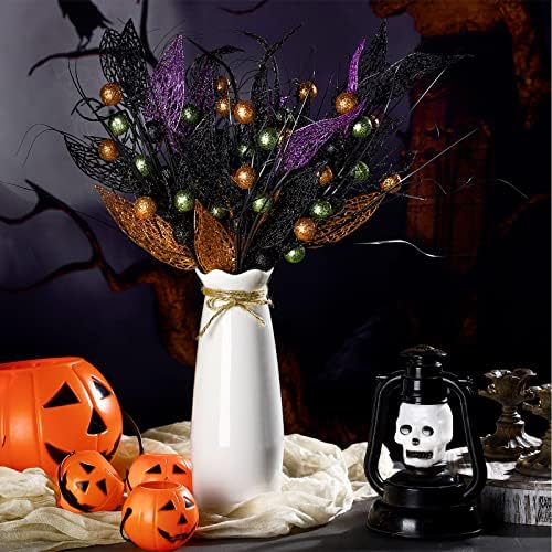 Geosar 8 Pcs Halloween Floral Picks Glitter Branches, Berries