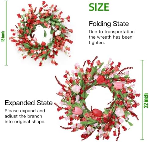 Sggvecsy Spring Summer Wreath for Front Door 22 Inch Artificial Red Flower Wreath with Pink Tulips Greenery Leaves Lavender for All Seasons Home Farmhouse Indoor Outdoor Wall Decor (Red and Pink)