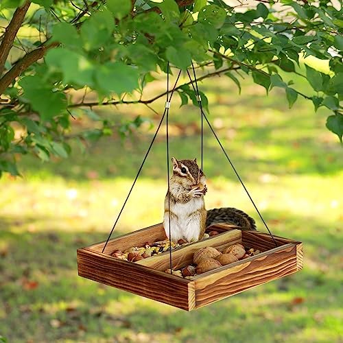 MIXXIDEA Bird Feeder Hanging Tray, Wooden Platform Hummingbird Feeder Mesh Seed Platform for Garden Yard Outside Decoration Attracting Wild Birds (Brown)