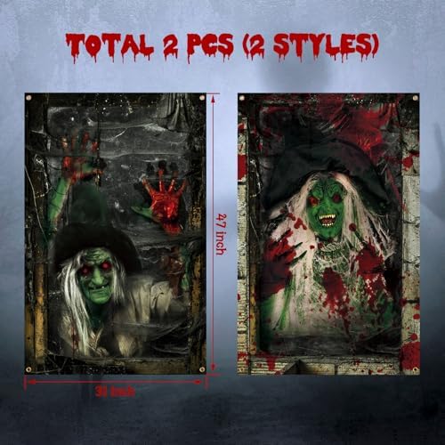 Newwiee 2 Pcs Scary Halloween Curtain Window Silhouette Cover, Green Witch
