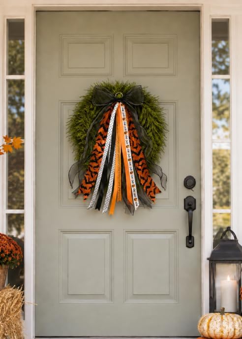 Halloween Wreath Sash Front Door Ribbon Bow Bat Streamer Decor
