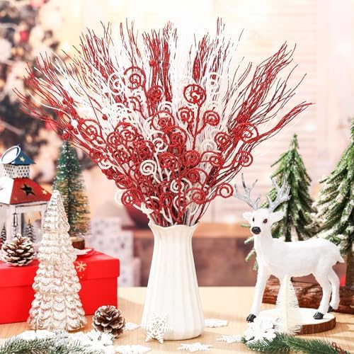 Tigeen 48 Pcs Red White Christmas Tree Picks and Sprays 17" Berry Stem
