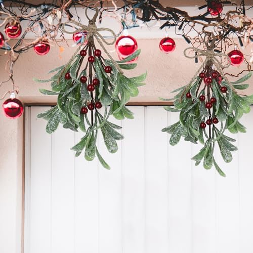 Mistletoe Decoration 9 Inch Mistletoe Christmas Decor with Berries Artificial Mistletoe Pick Kissing Ball Christmas Mistletoe Hanging Ornament for Tree Door Holiday Decor (White, 6PCS)