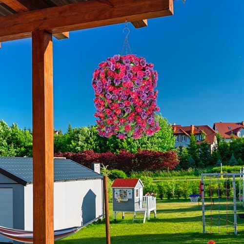 Artificial Flowers with Hanging Basket, Outdoor Faux Plants UV Resistant