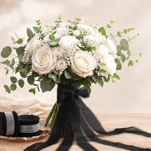 DORIS HOME Handmade Frayed Fringe Chiffon Ribbon 1" x 21Yd Black