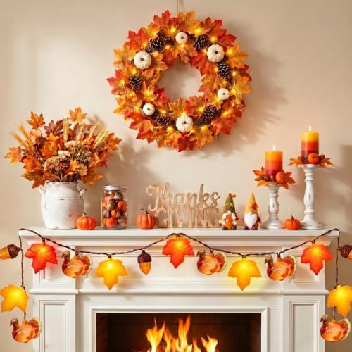 8.5Ft Fall Thanksgiving Decor String Lights, 10 LED Maple Leaves Acorn Turkey Lights Home Porch Fireplace Autumn Harvest Party, Indoor Outdoor Thanksgiving Decor, Plug in