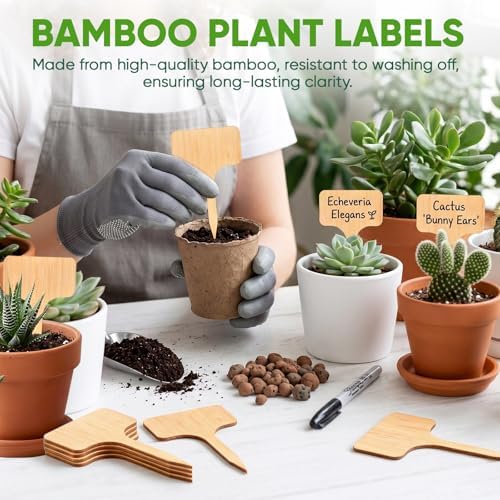 Plant Labels, 60-Pack Bamboo Garden Markers with Dual-Tip Marker