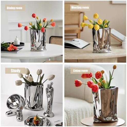 Ceramic Silver Flower Vase, Crinkle Paper Shape, Metal Decorative Home Accent (Large)