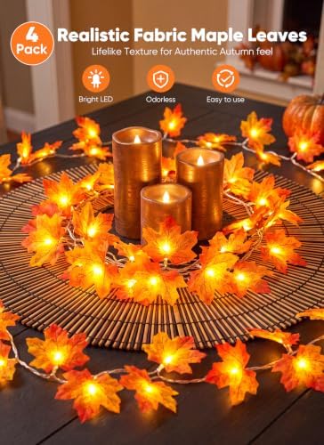 Brightown 4 Pack Fall Decorations for Home Maple Leaf Garland with Lights